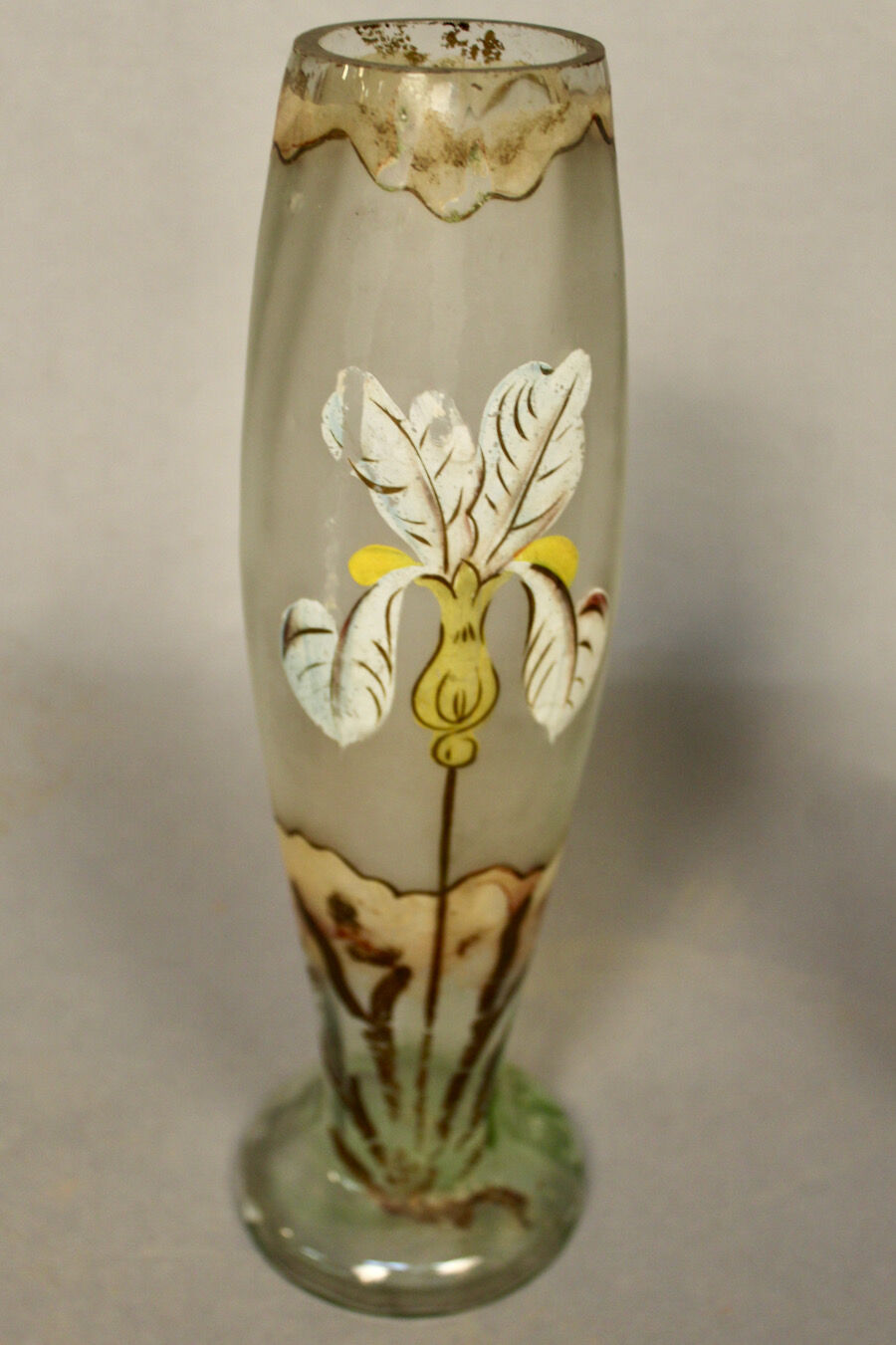 Pair of glass vases with iris enamelled decor