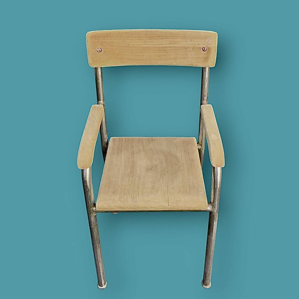 Antique wooden and metal children's chair with armrests – circa 1960