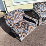 3-seater sofa + 2 vintage armchairs in multicoloured fabric retro design