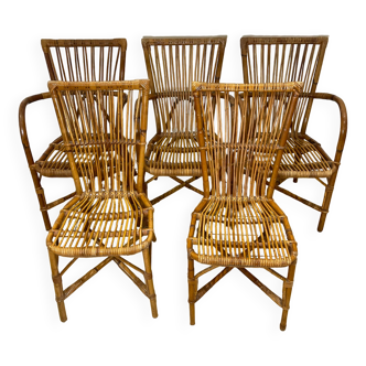 3 armchairs and two bent rattan chairs Audoux & Minnet
