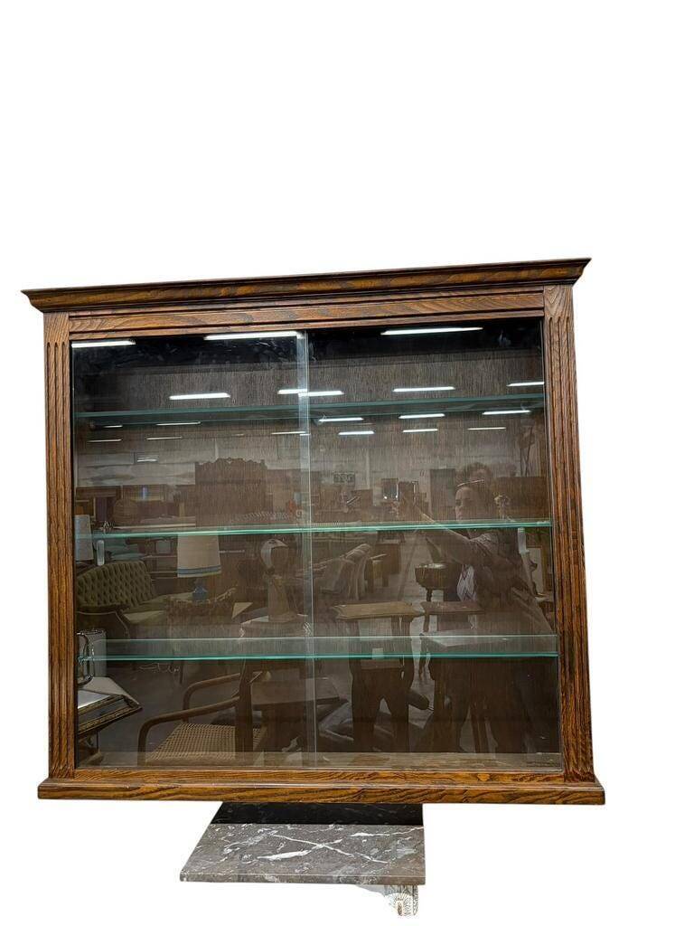 Vintage shallow wall display cabinet in wood / shelf