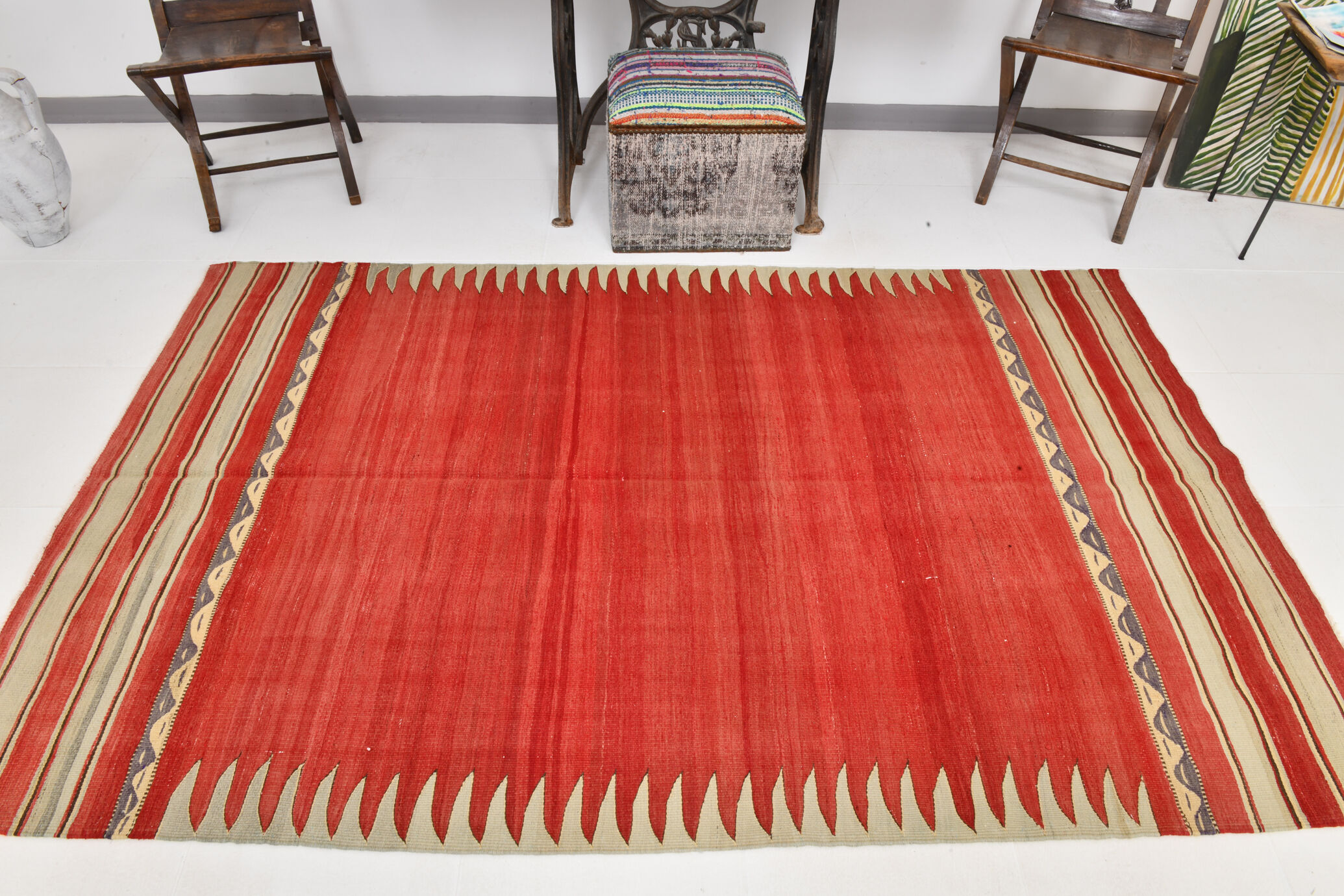 Red & beige wool kilim rug 237x142cm