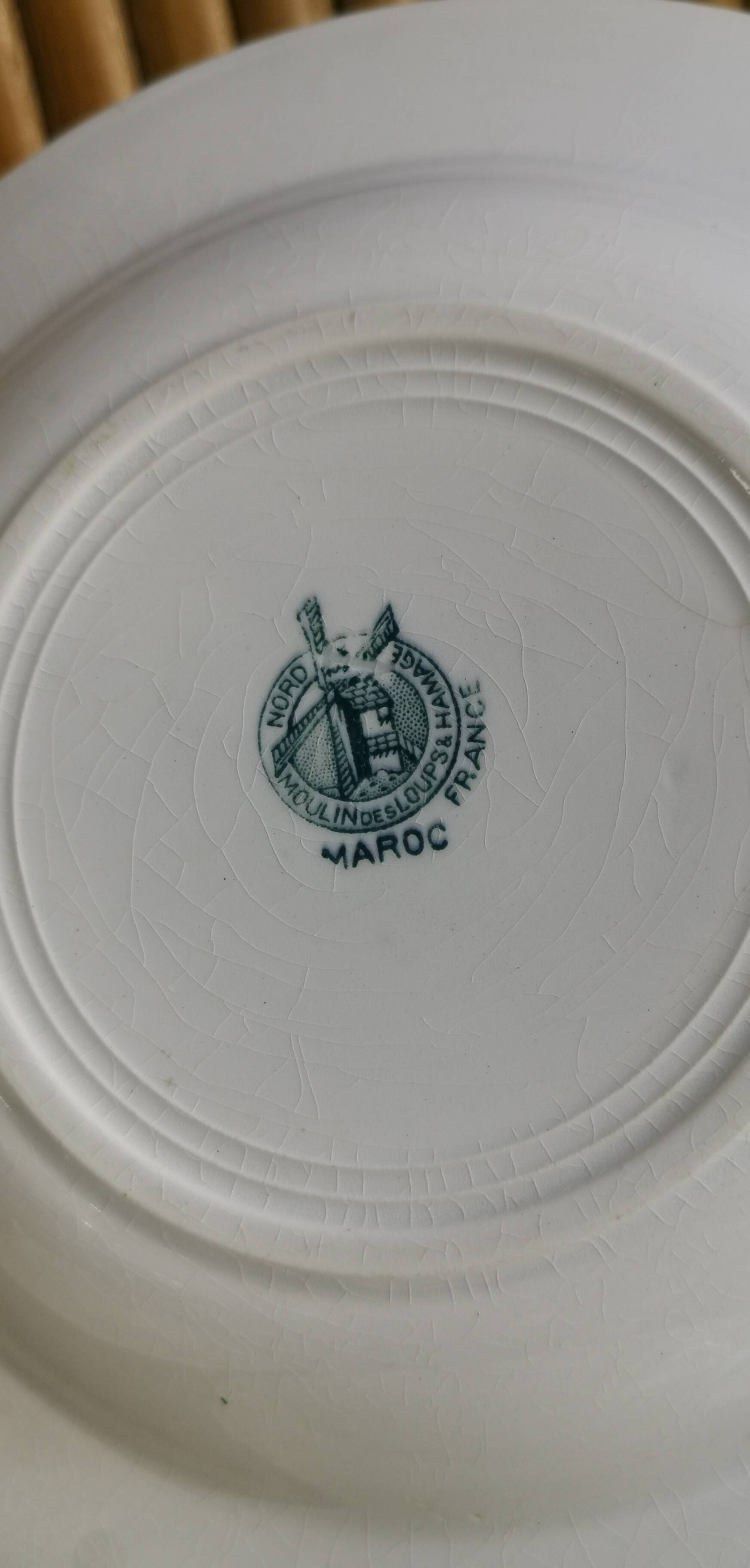 6 old mismatched deep plates Terre de Fer, glass and blue colors