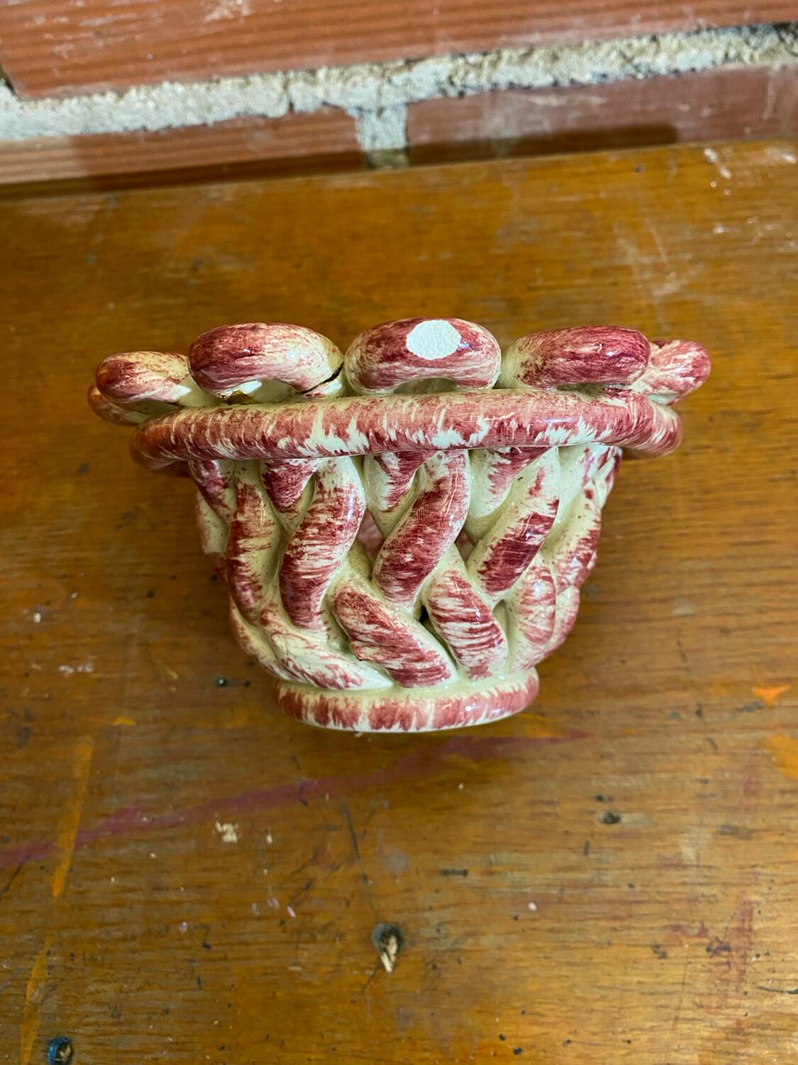 Antique White & Pink Openwork Braided Ceramic Barbotine Cup Vintage