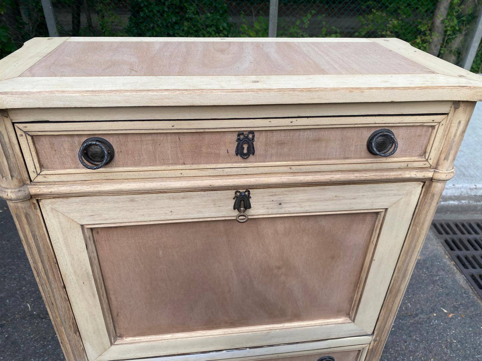 Secretary Louis XVI in stripped solid pine with a drop-down front and red leather, 1950.