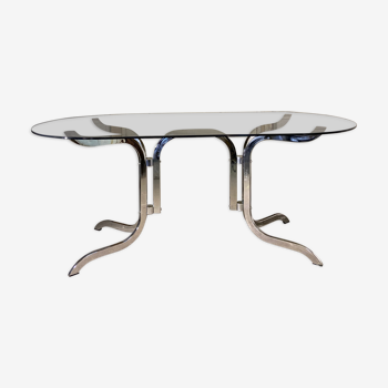 Table à manger design année 70 en chrome et verre fumé