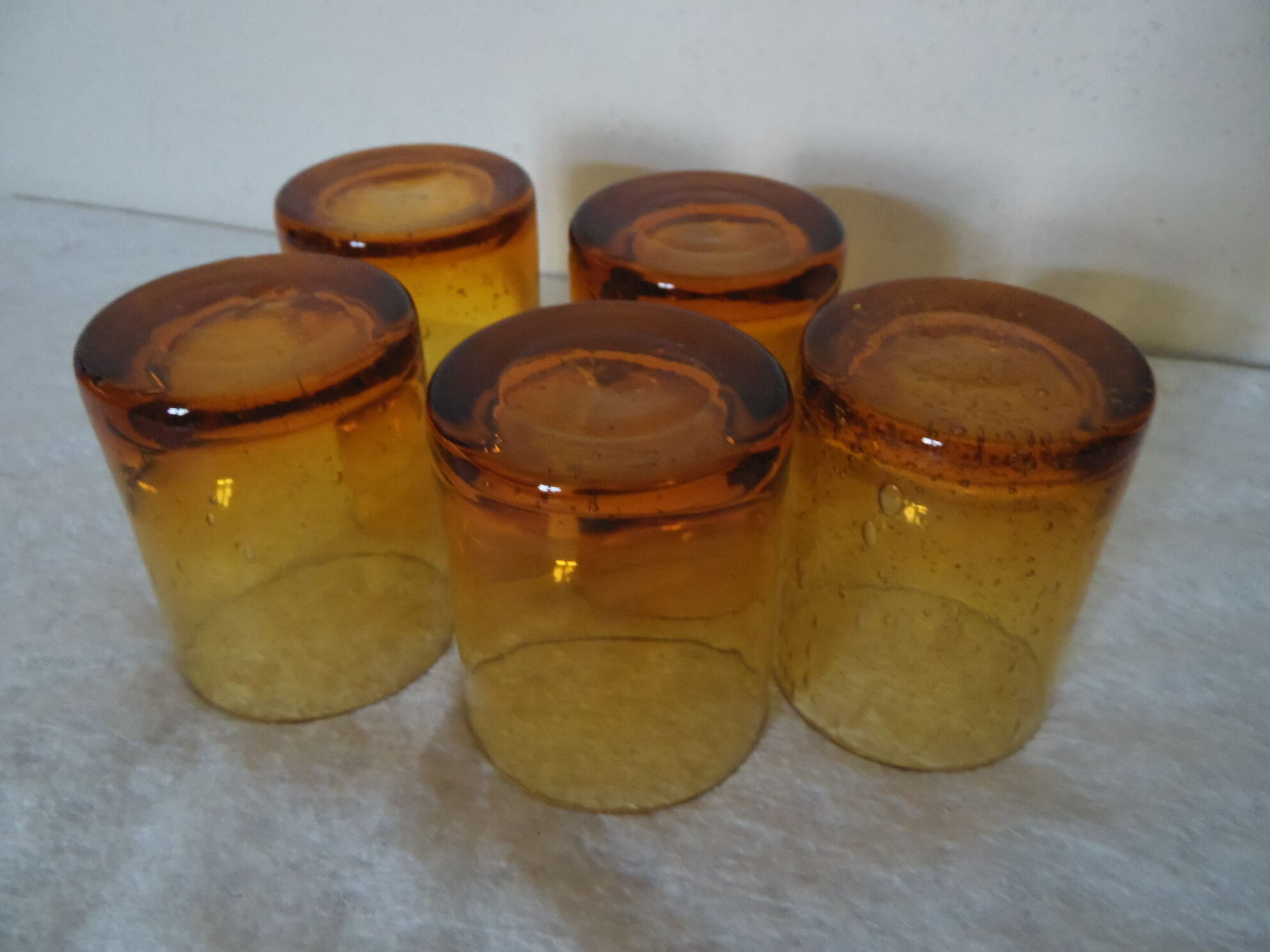 5 glasses of water blown glass bubbled amber amber