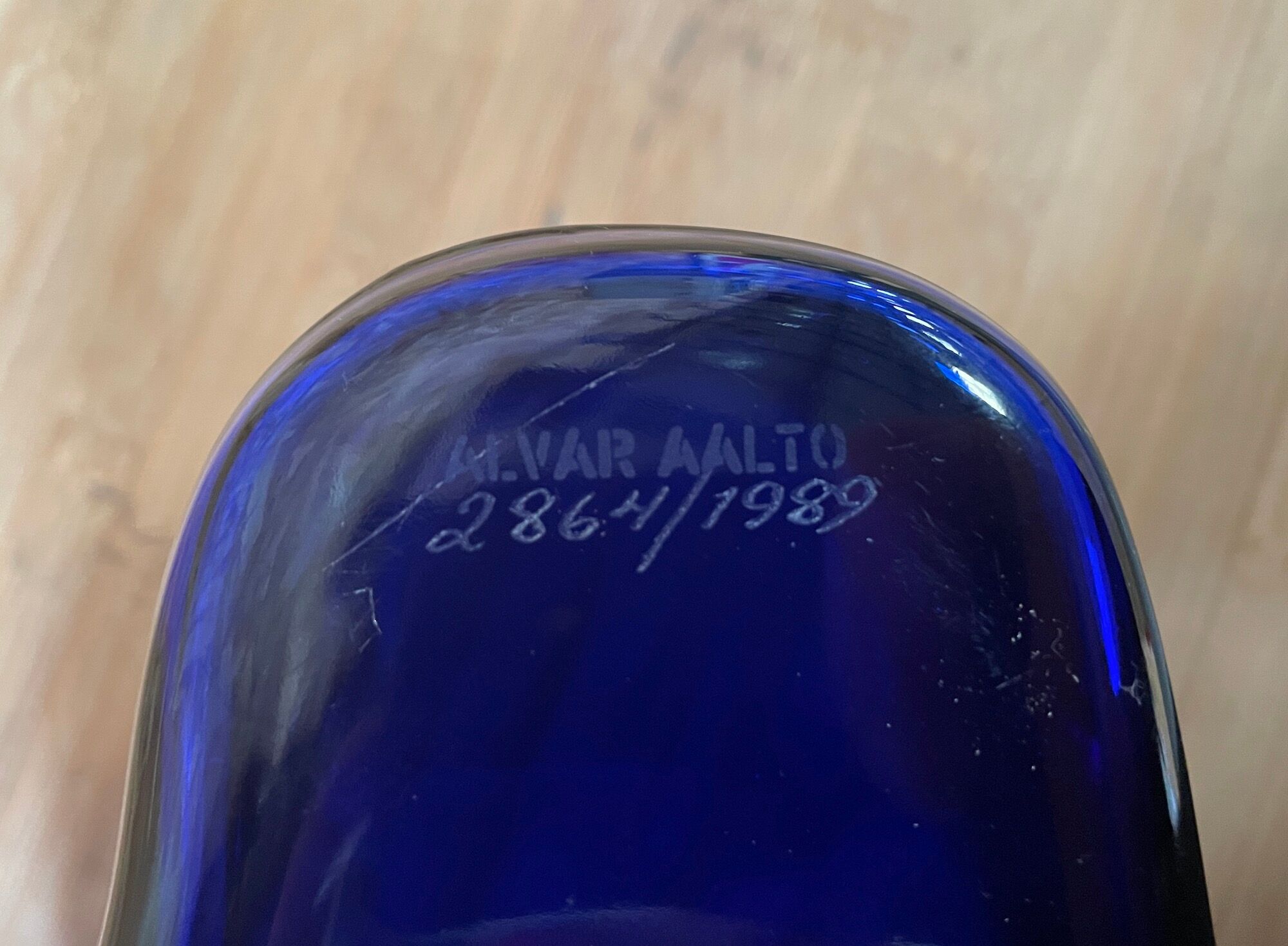 Cobalt blue Savoy vase by Alvar Aalto, numbered and signed 1989