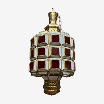 Oriental chandelier red glass and brass