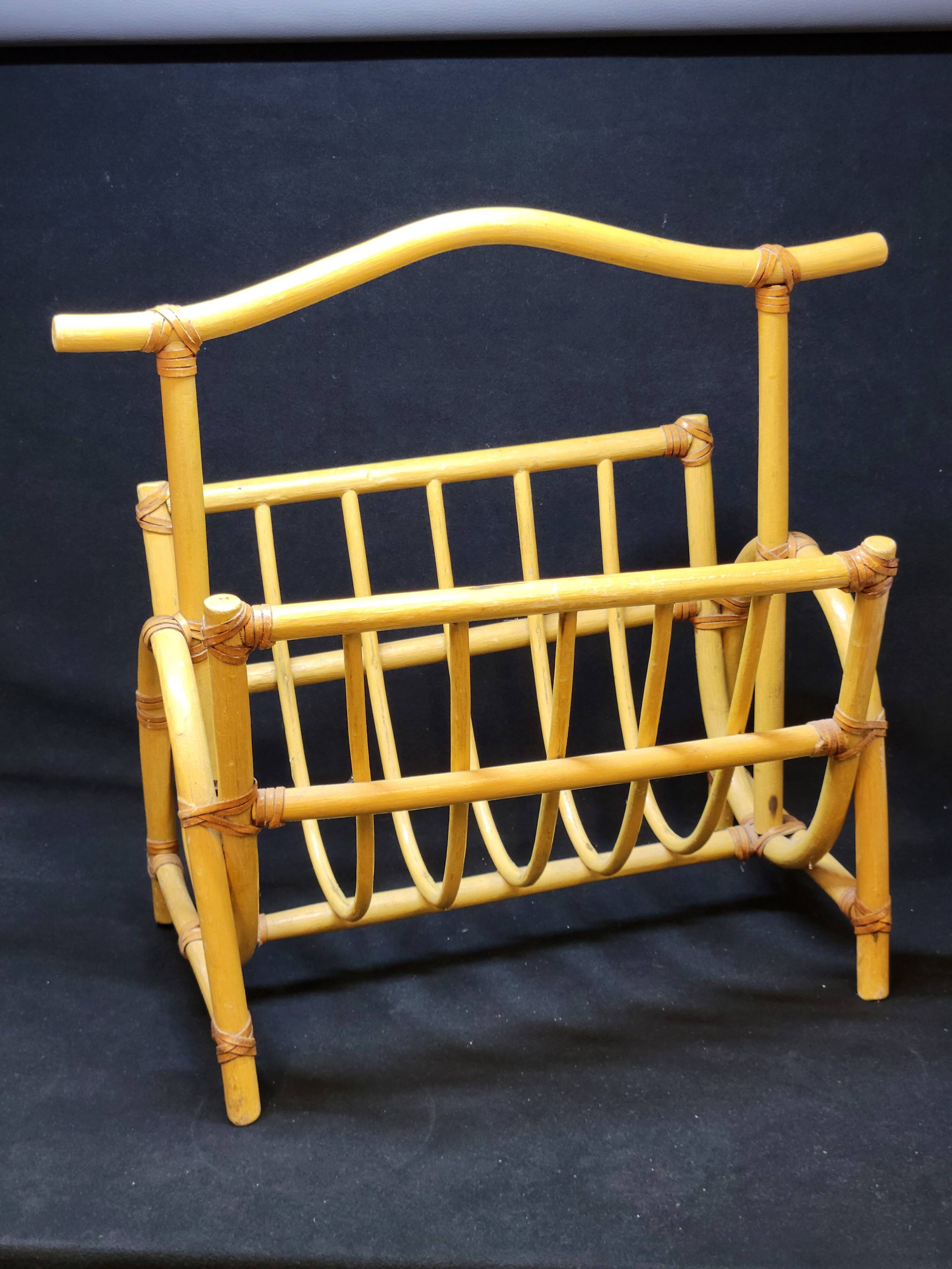 Large vintage bamboo magazine rack with leather straps, 1970s