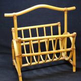 Grand porte revue vintage en bambou et lanières en cuir années 1970