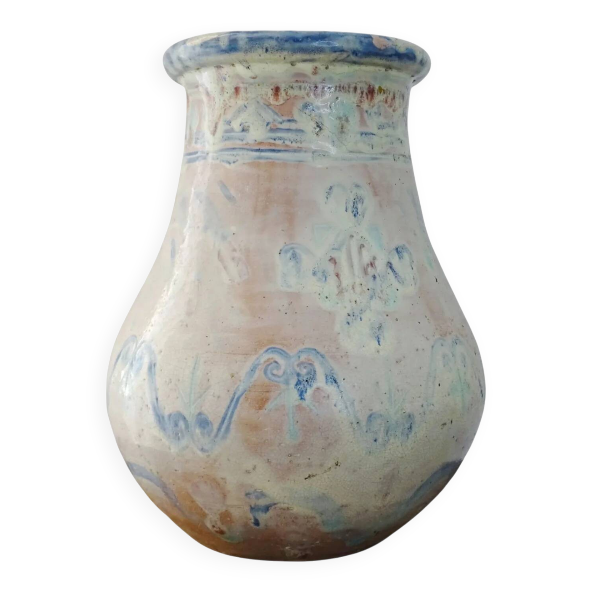 Grand vase balustre ancien en terre cuite à glaçure rose