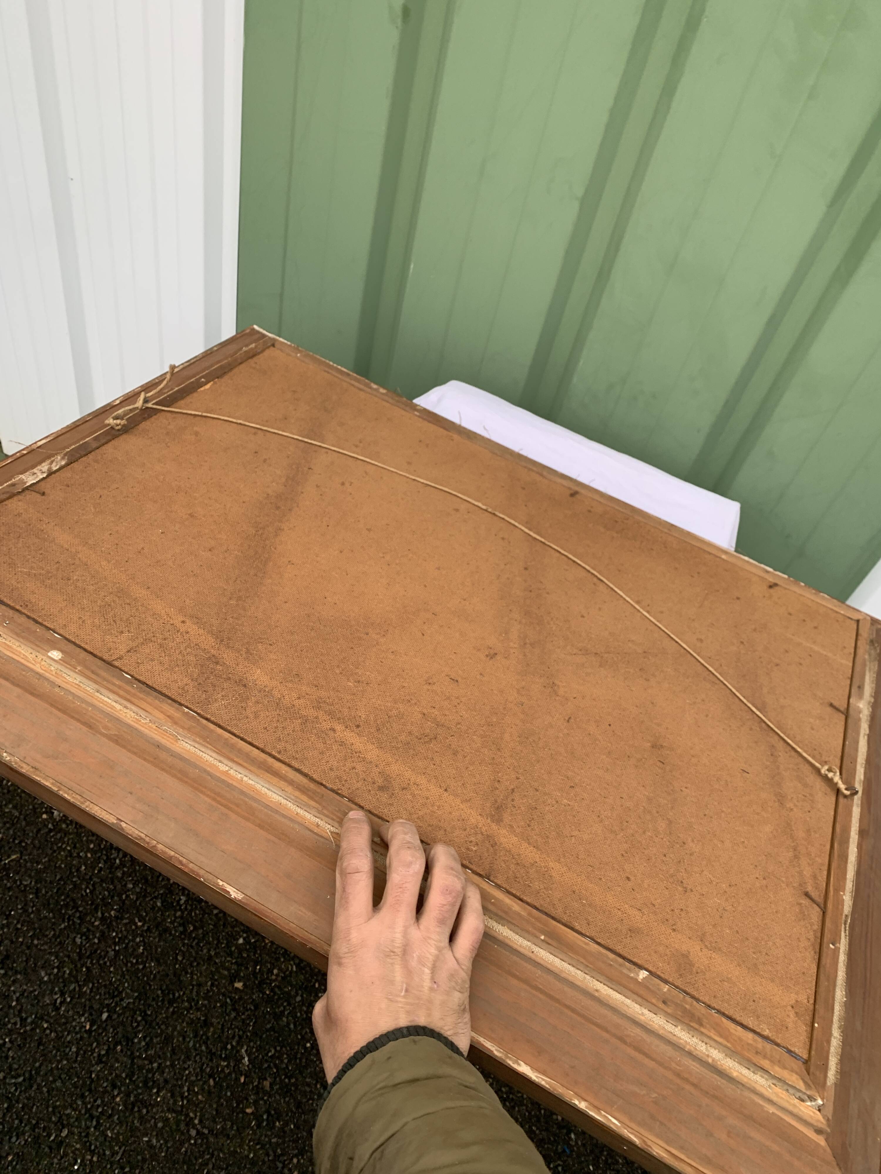 Colorful landscape painting with a river and hills signed Benjam