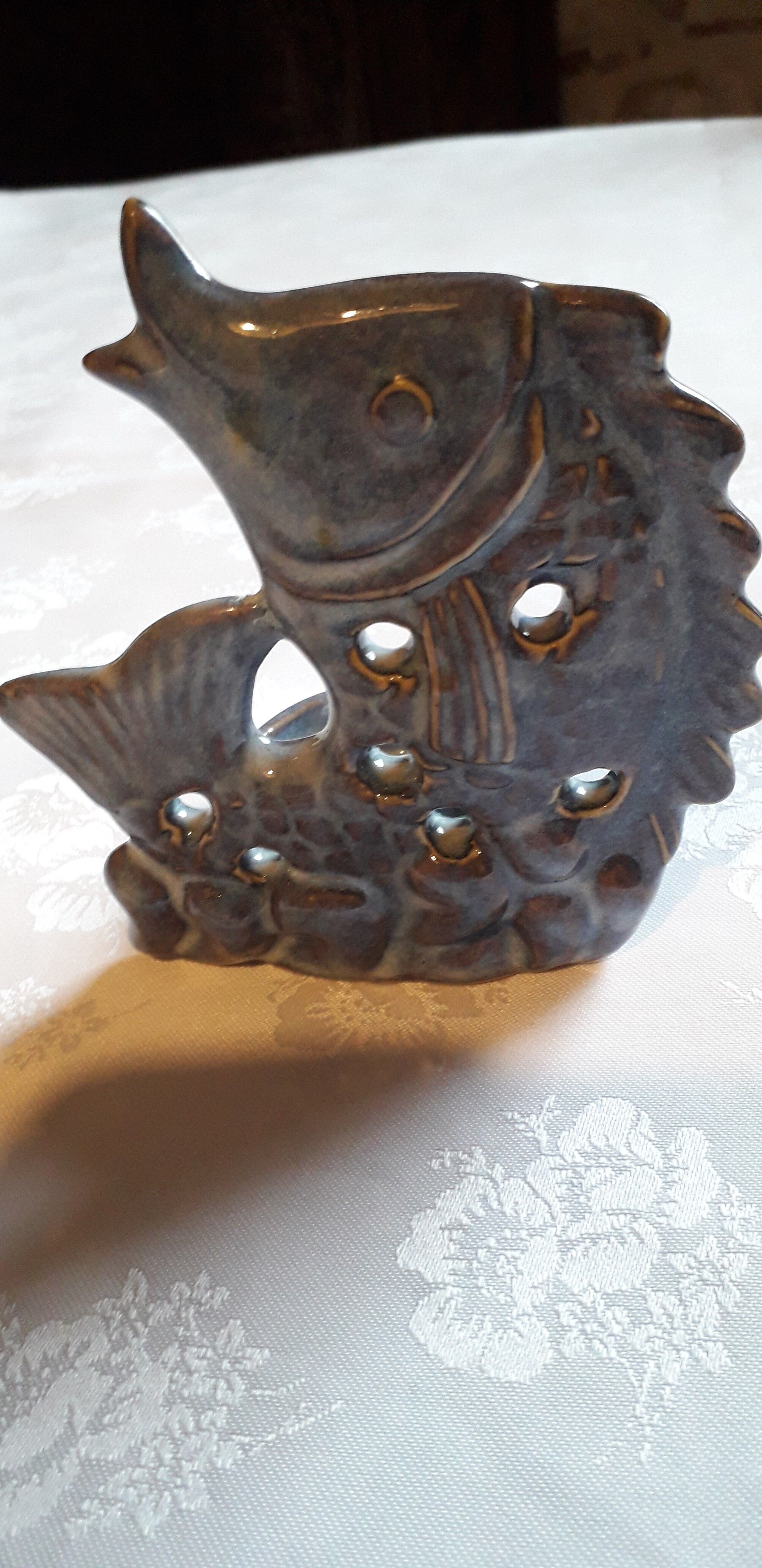 Set of 3 candle holders in glazed ceramic gray blue, shape "fish".