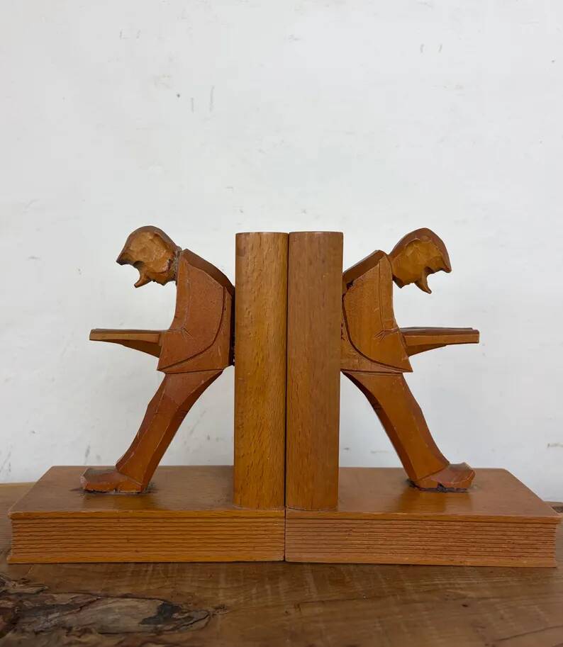 Vintage Mid-Century Cubist German Carved Wood Bookends – Art Deco Style