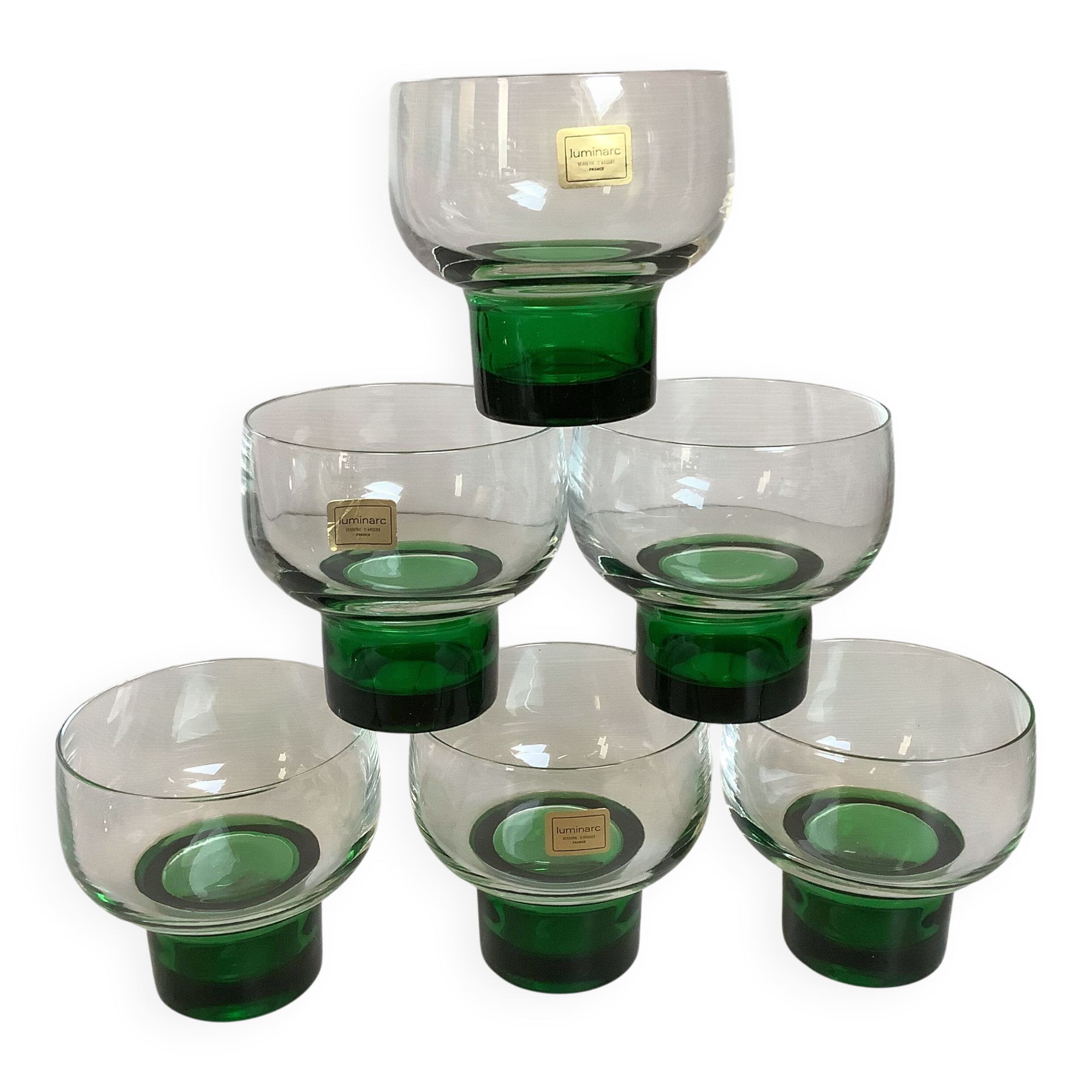 Six green footed Space Age glasses Luminarc.