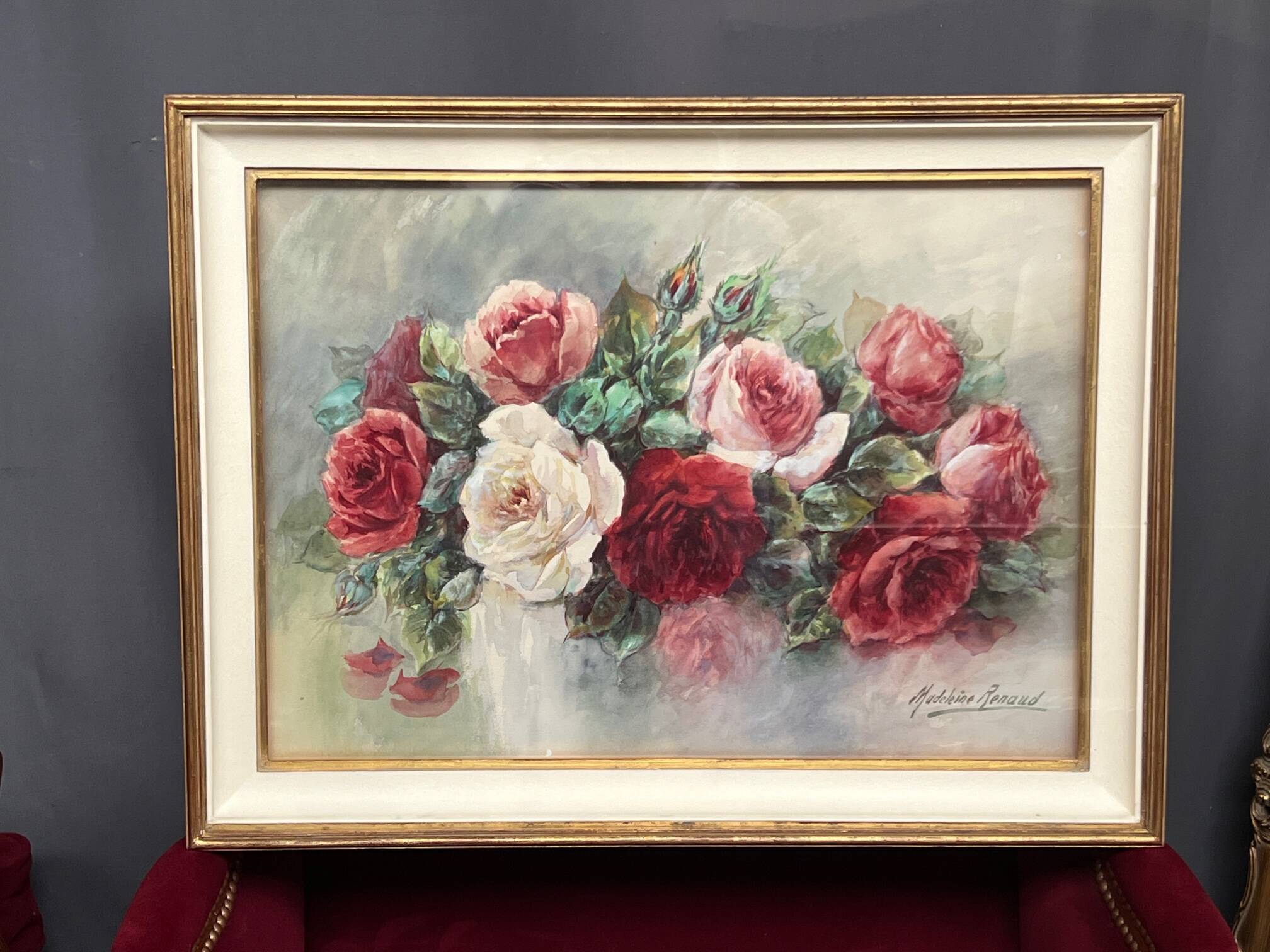 Nature morte "Roses" à l'aquarelle, Madeleine Renaud (1900-1994)