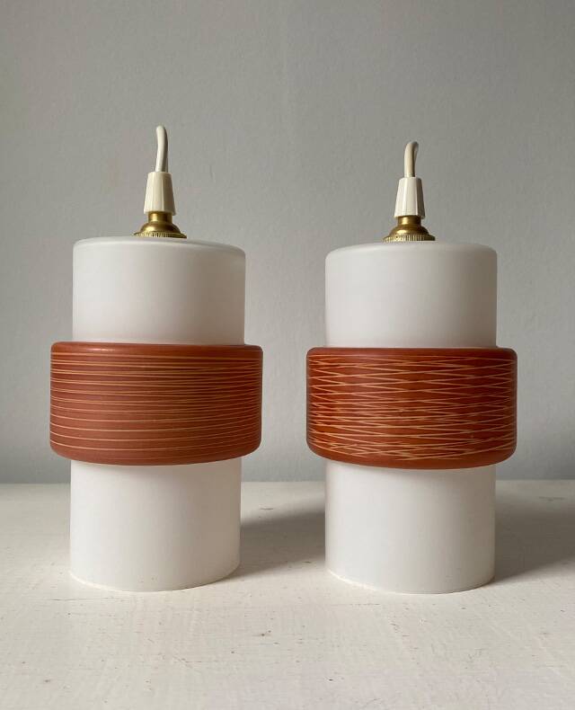 Pair of tubular opaline pendant lights