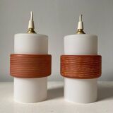 Pair of tubular opaline pendant lights