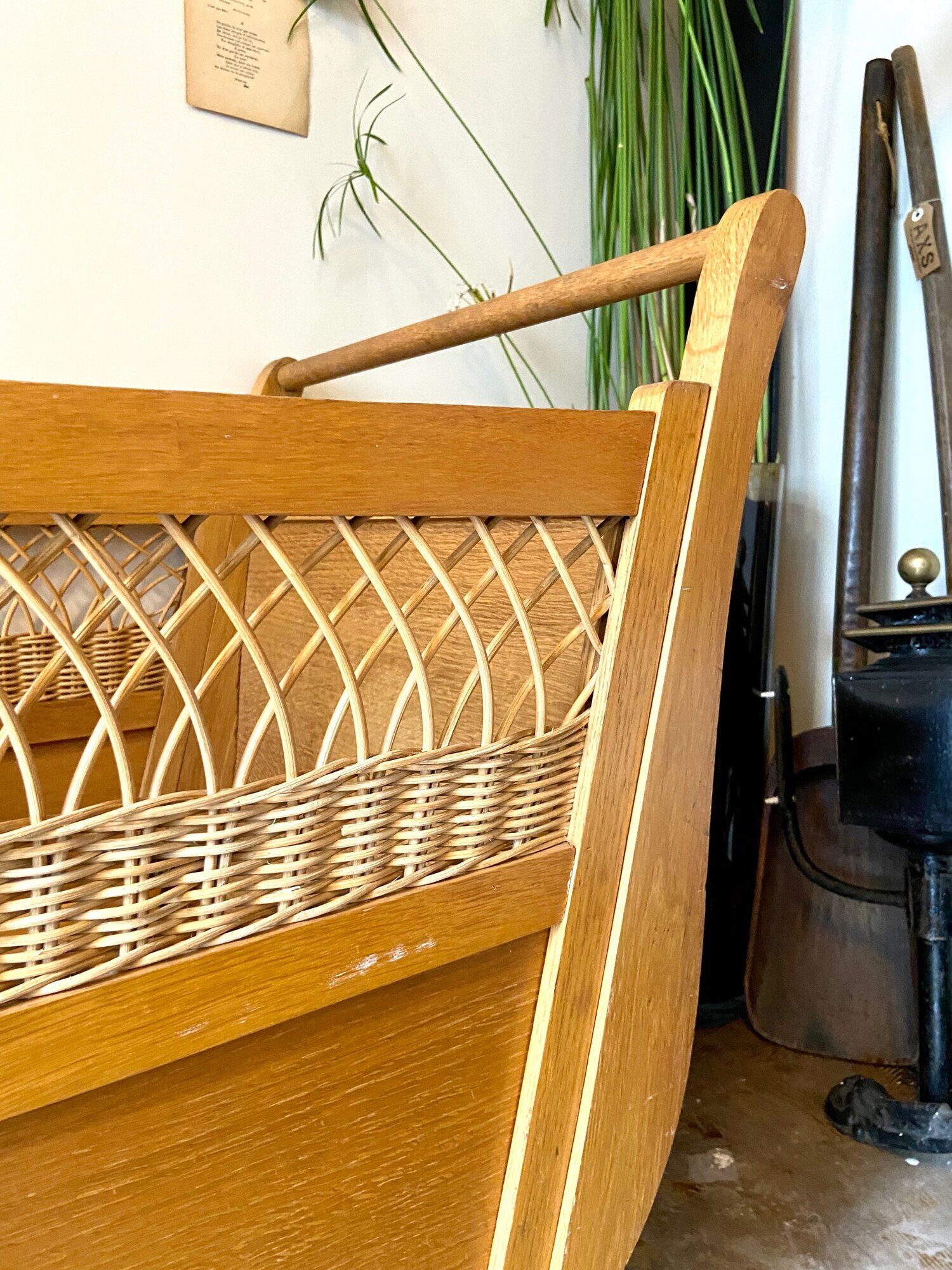 Children's bed in wood and wicker woven on wheels 1960