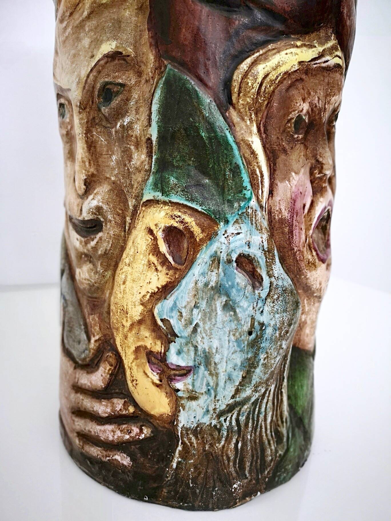 Unique Vintage Hand-Painted Vase with Faces Ascribable to Tullio d'Albisola