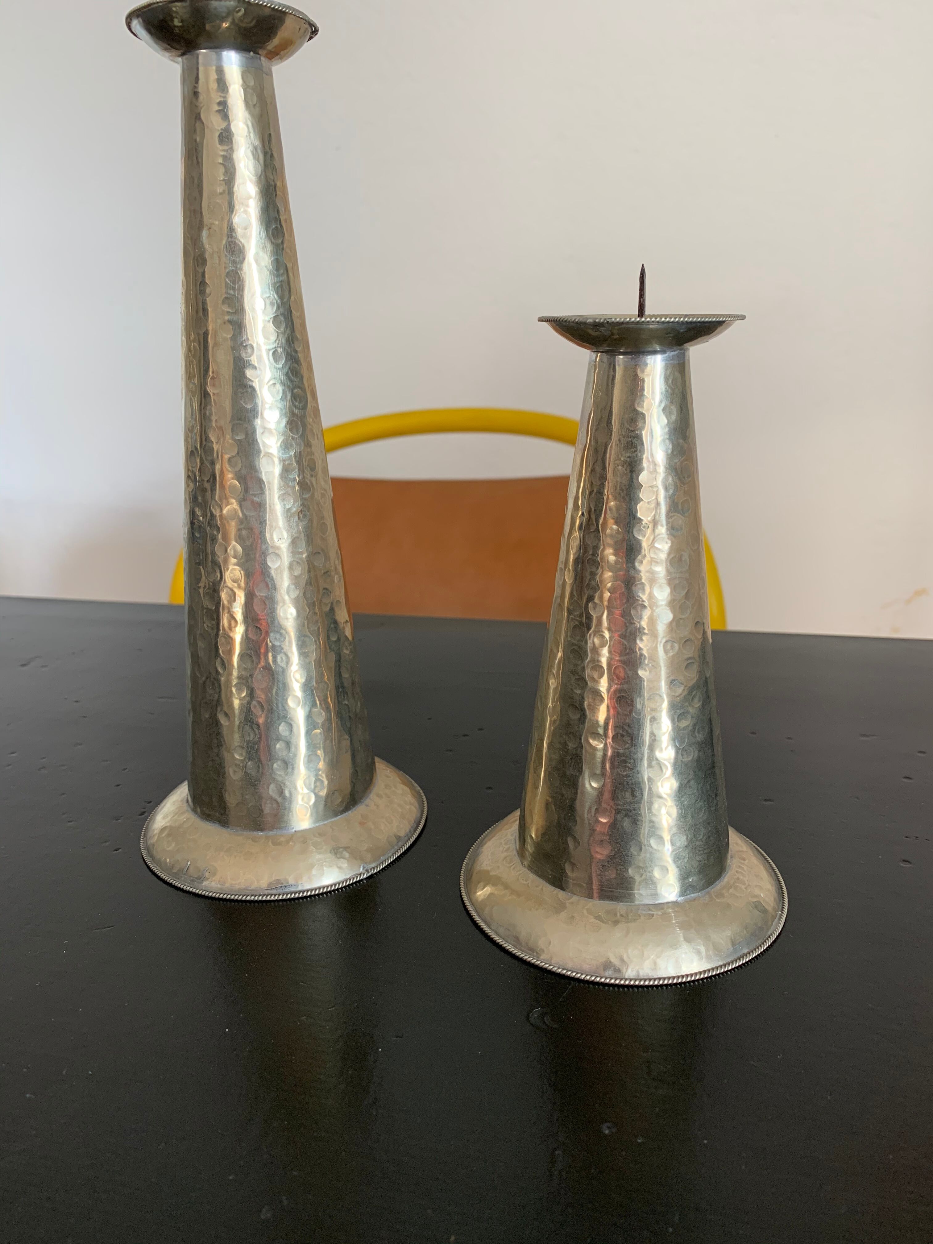 Duo vintage bumpy metal candlesticks