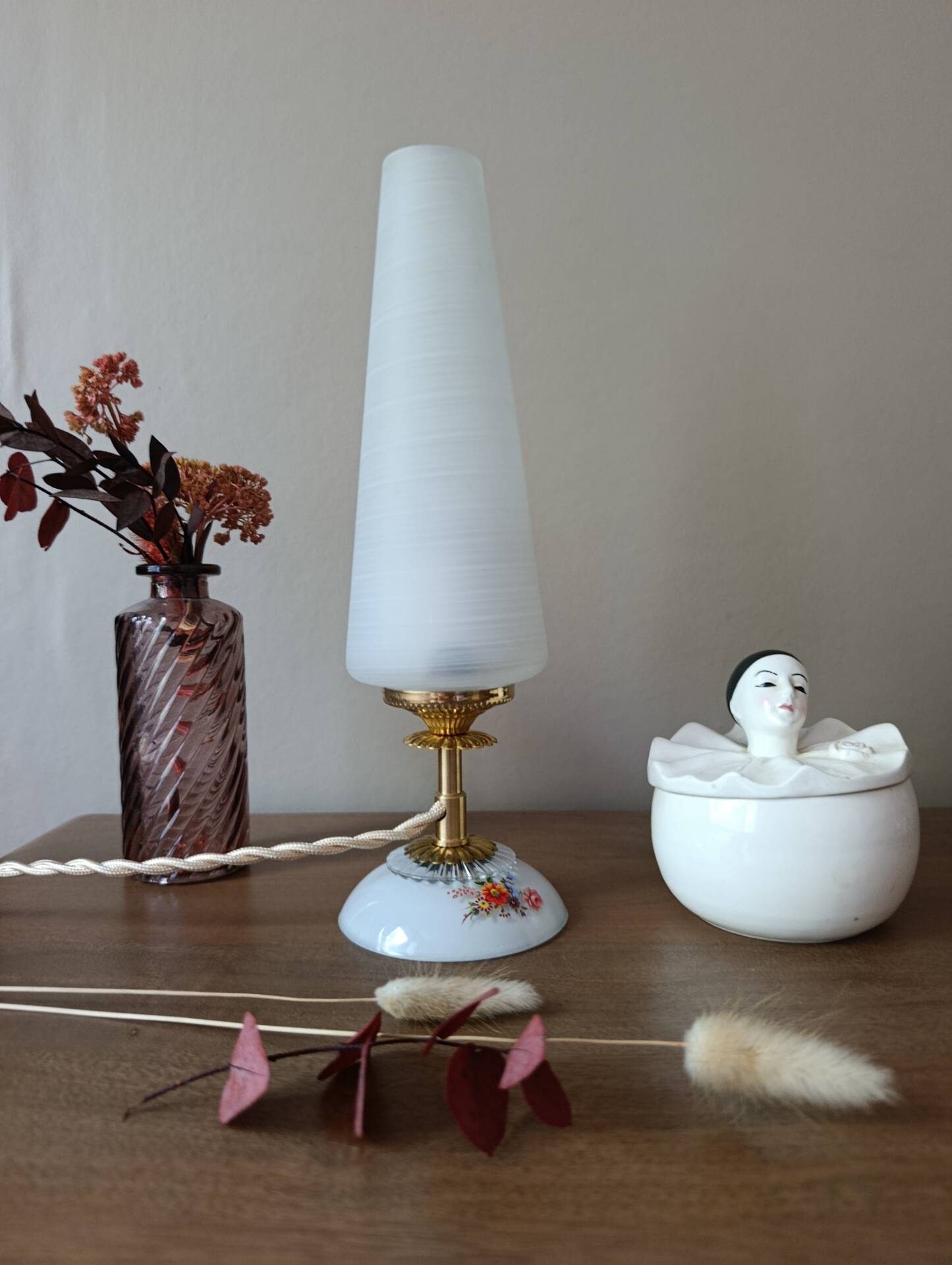 upcycled table lamp | white glass, vintage charm