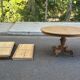 Round dining table with a central pedestal, stripped raw oak, 4 extensions, 19th century.
