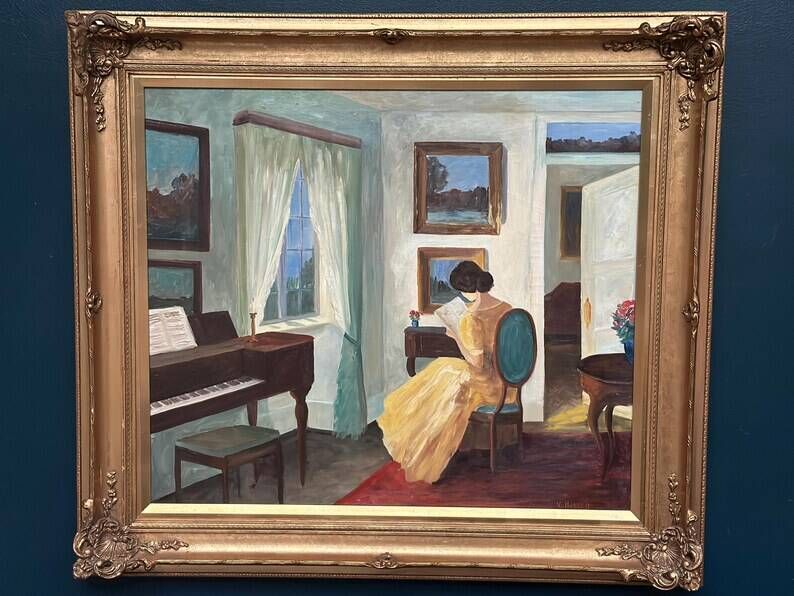 Large Original Swedish Oil on Canvas – “Interior with Reading Woman” by V. Hansen – Signed – Vintage & Framed