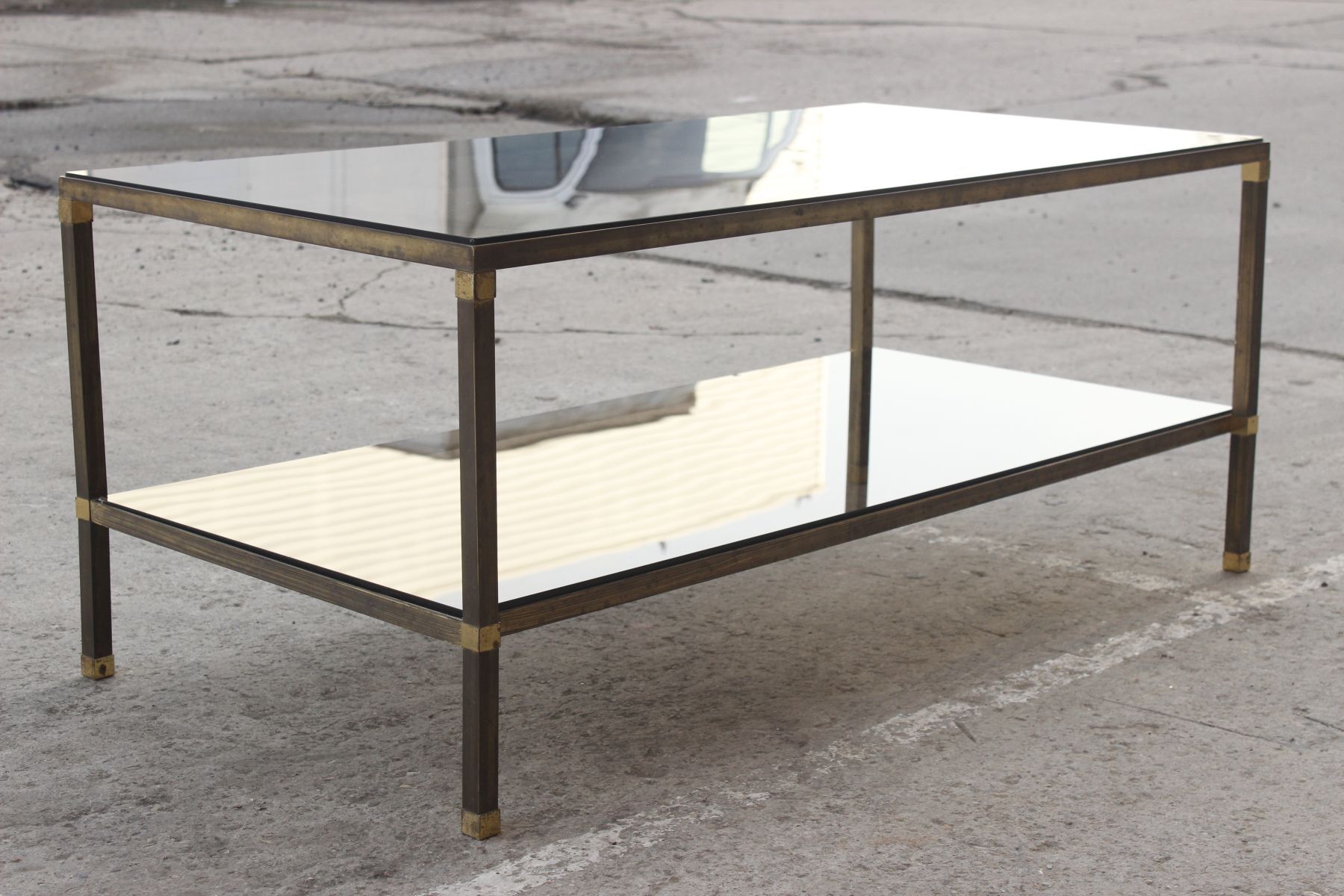 Table coffee in brass, bronze and smoked glass, France, 1950