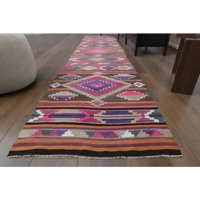 1970s Vintage Turkish Oushak Handmade Wool Cotton Pink Runner Rug 76x375