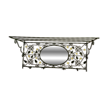 Wall-mounted metal coat rack with mirror and daisies, late 1950s.