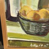 Canvas bouquet camaïeu of green signed Bourrat frame raw wood