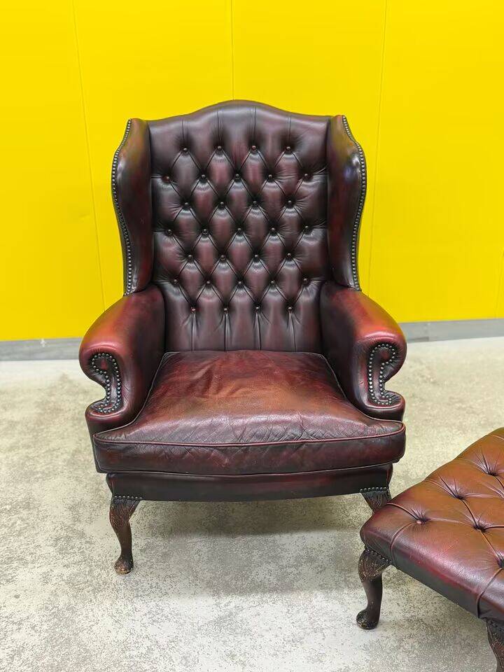 Burgundy leather chesterfield wing chair with Ottoman