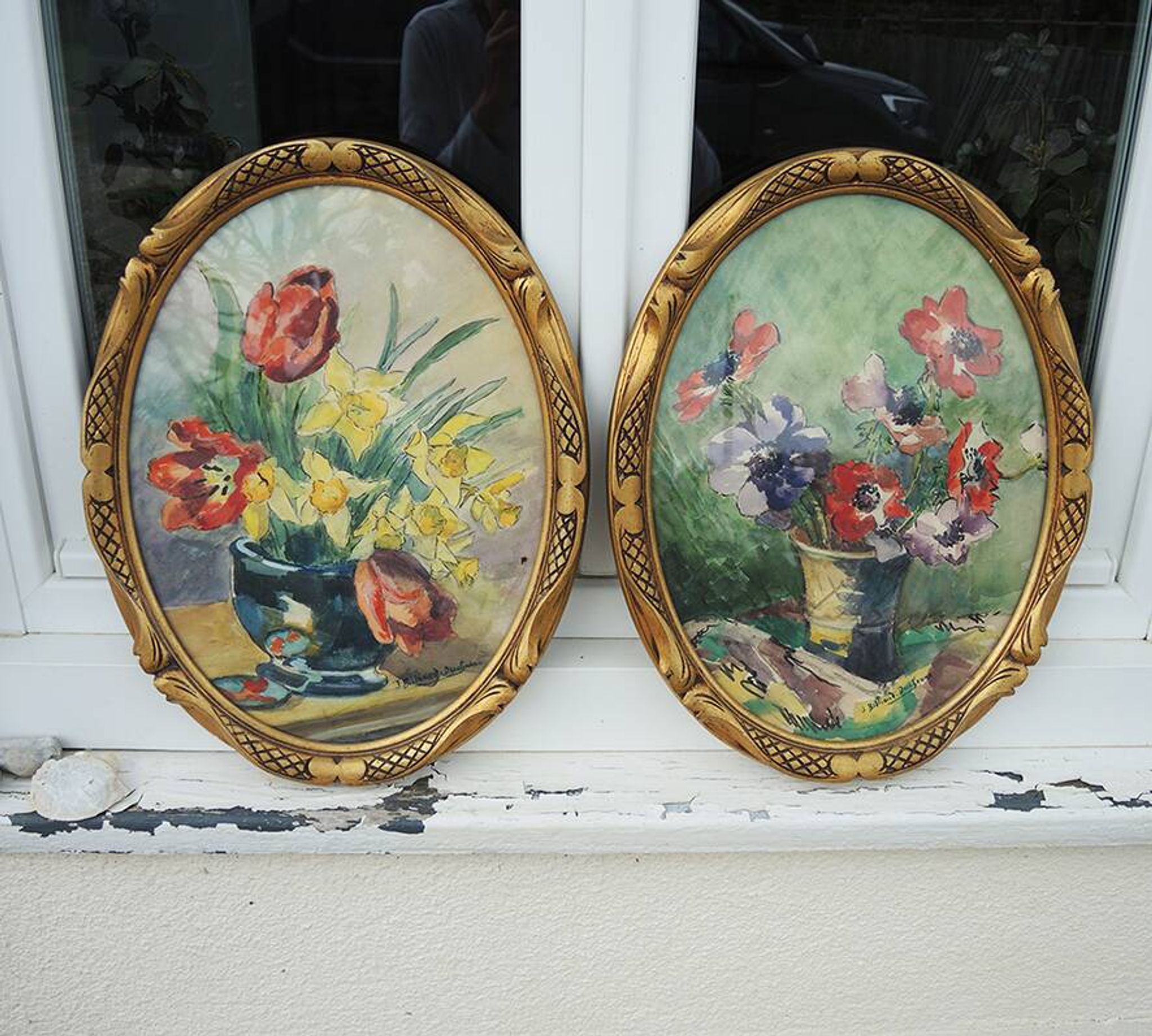 2 old framed oval paintings signed J Billiard Duchesne
