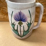 Antique vallauris ceramic pitcher with vintage blue thistle decor