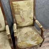 Pair of Louis XVI style shepherdesses with tapestry of La Fontaine's fables circa 1850