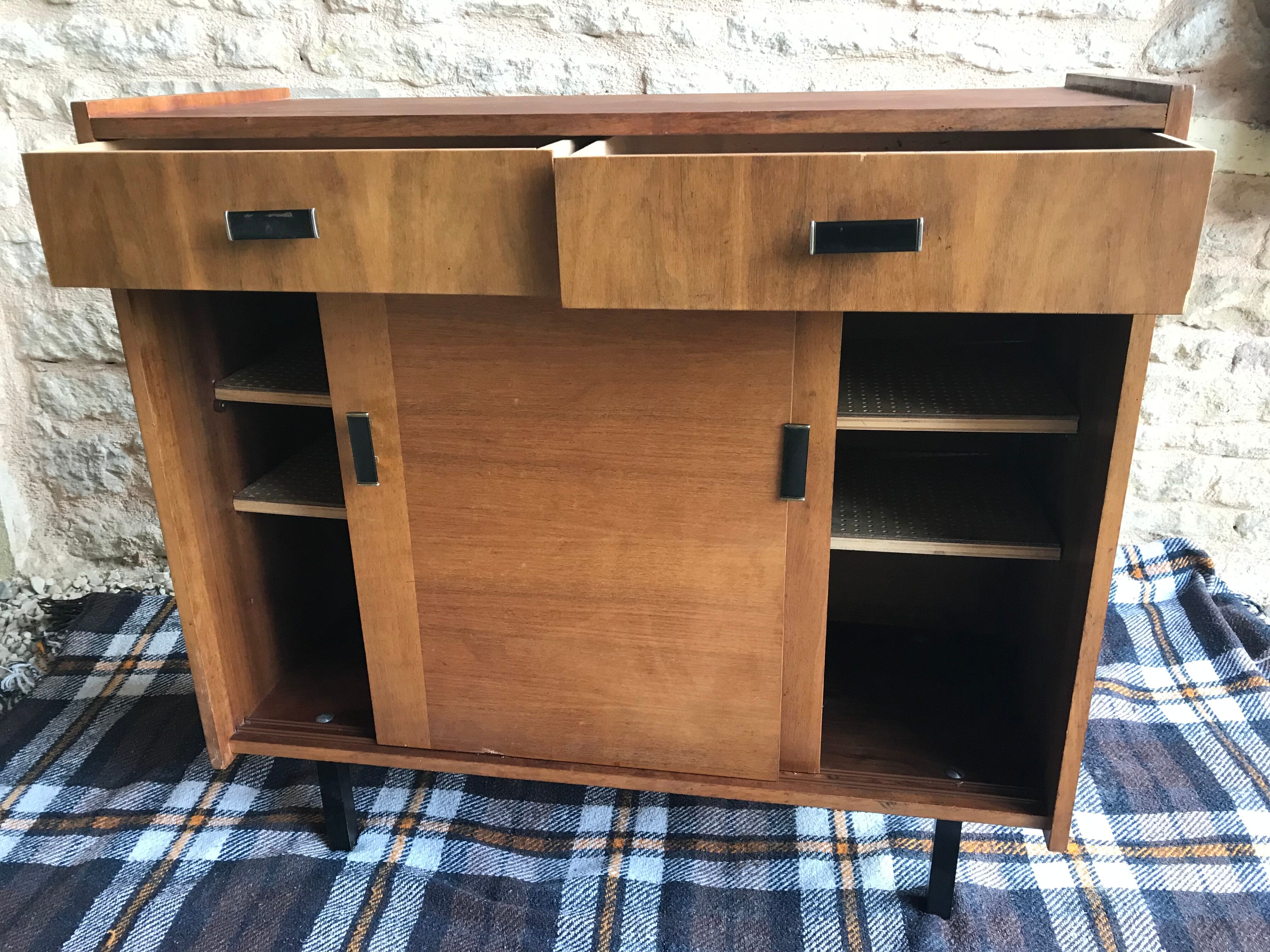 Vintage storage cabinet sideboard two sliding doors two drawers