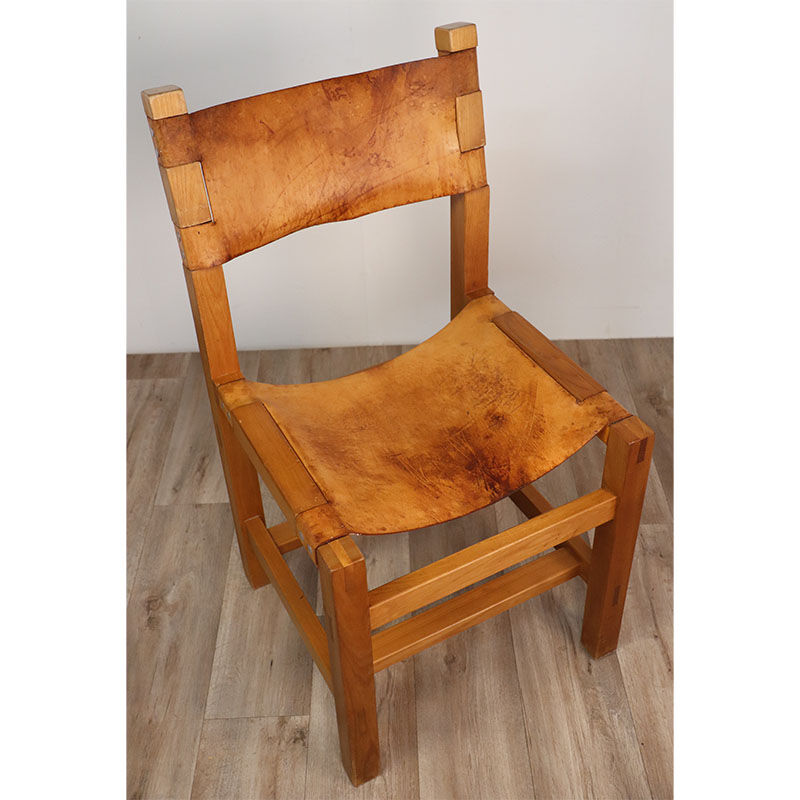 Chaise vintage Maison Regain en orme et cuir 1970