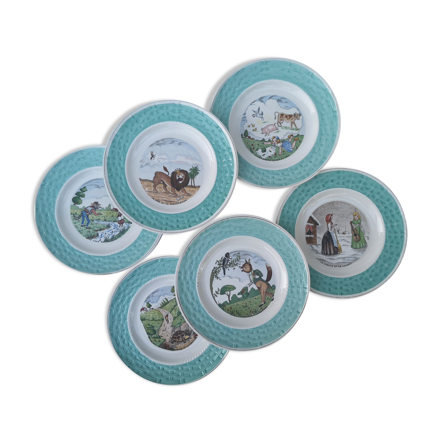 Old dessert plates, talking theme Fables de la Fontaine