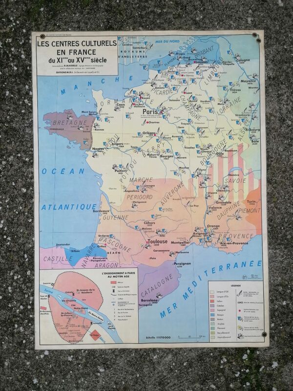 Ancienne carte MDI d'histoire : Les croisades-Les centres culturels en France