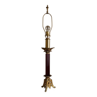 Vintage brass table lamp with dark red glass column, Empire style, 1910s USA-made