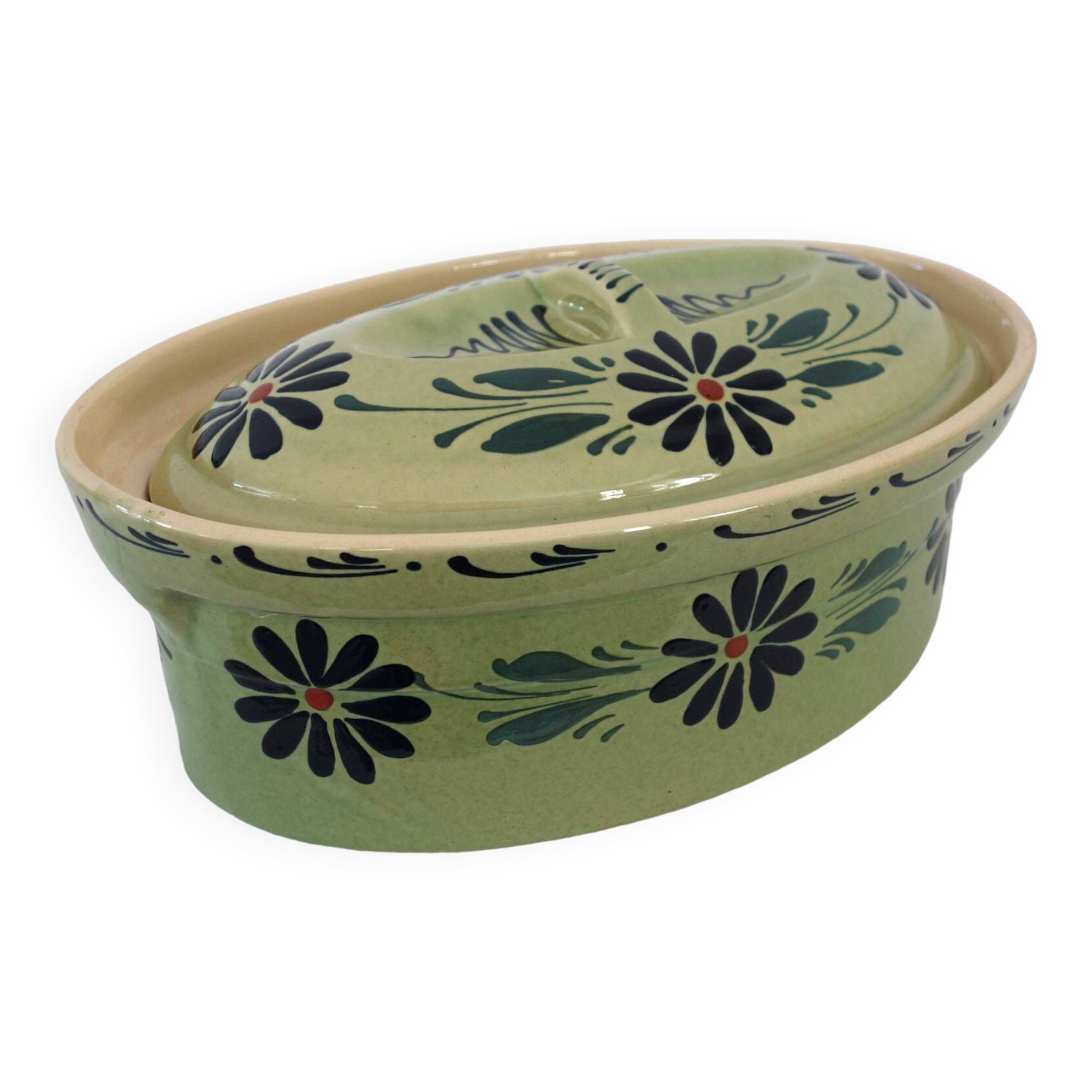 Large enameled ceramic terrine dish, vintage Alsace