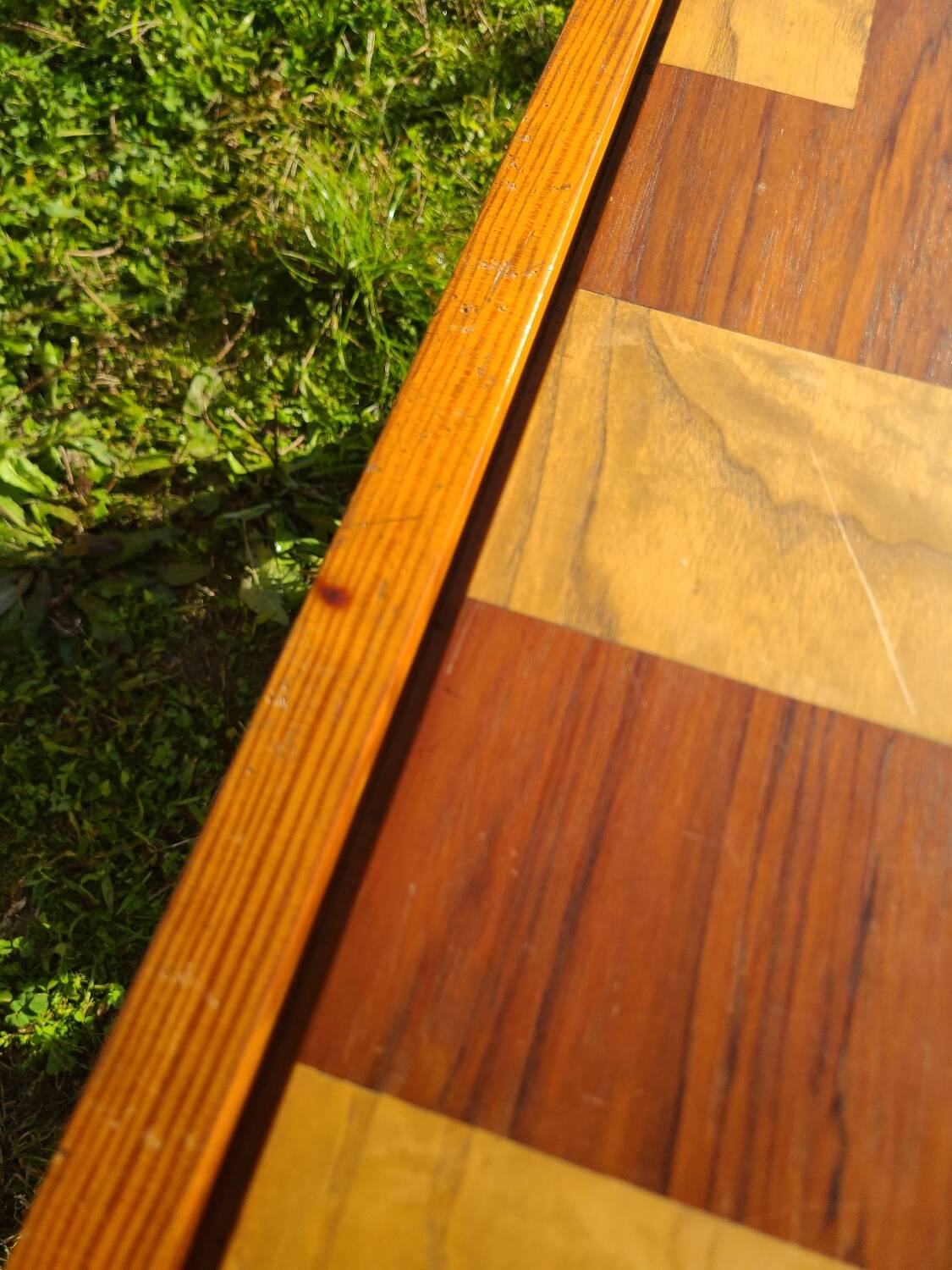 Pine coffee table, 1970s marquetry top, vinyl record rack.