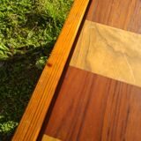 Pine coffee table, 1970s marquetry top, vinyl record rack.