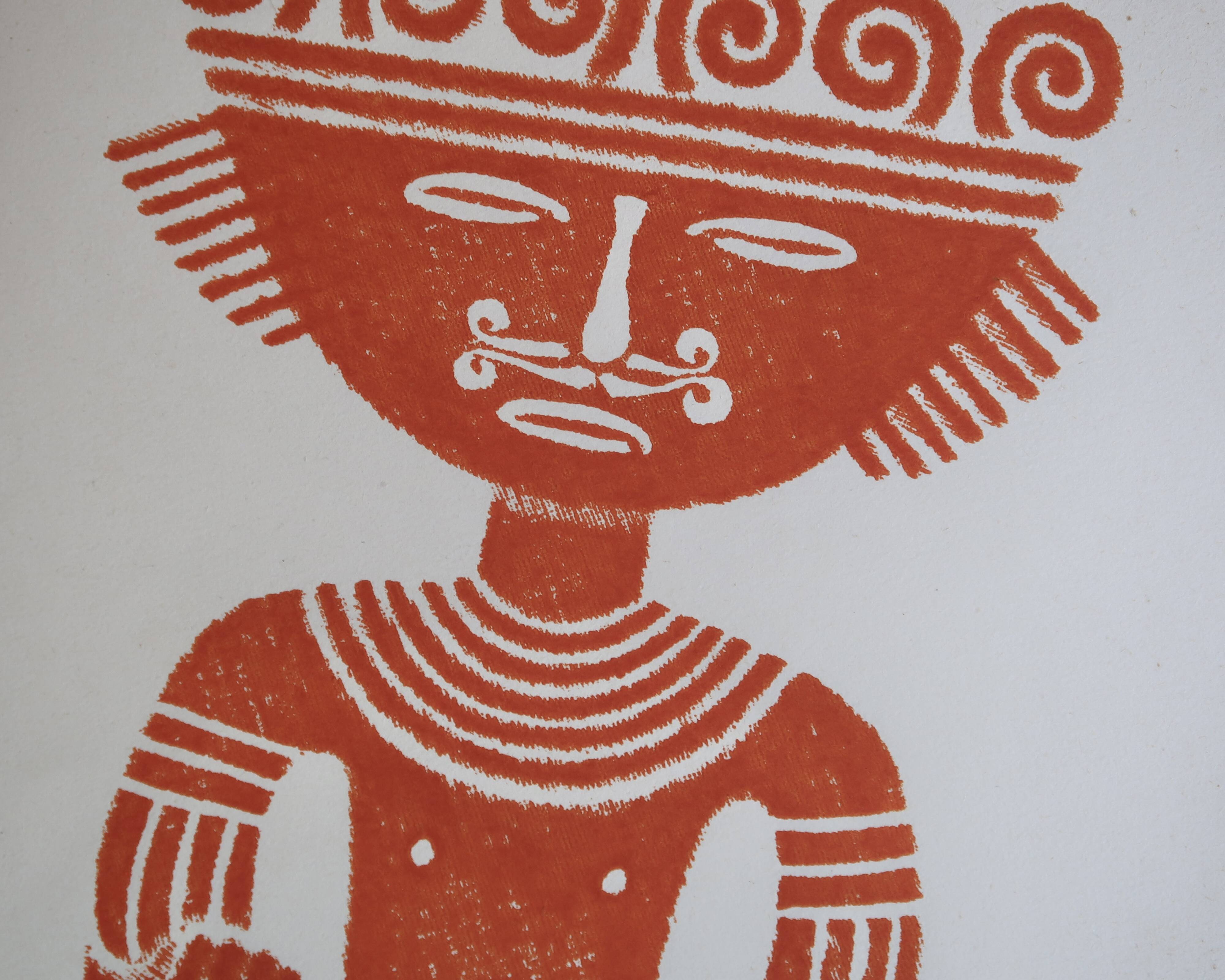 Original Pre-Columbian print, Aztecs Colombia folk 60s