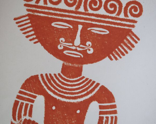 Estampe originale Pré-Colombienne, Aztèques Colombie folk années 60