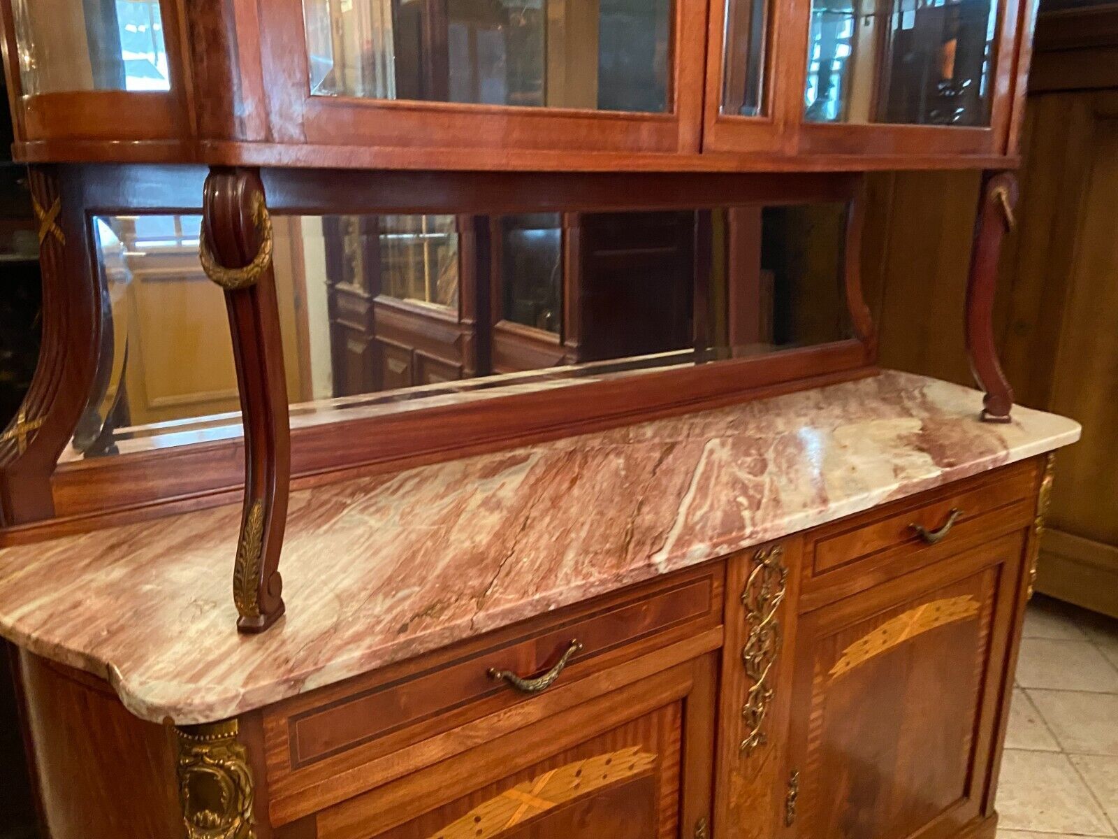 Sideboard two body mirror top marble decoration inlaid bronze Louis XVI