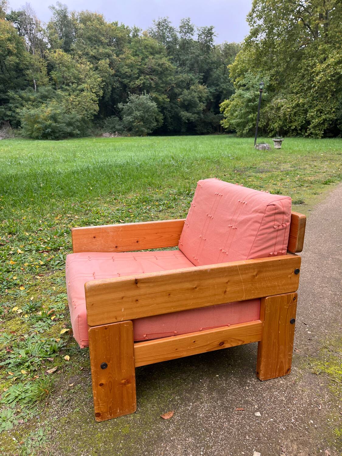 70s pine designer armchair, Perriand style