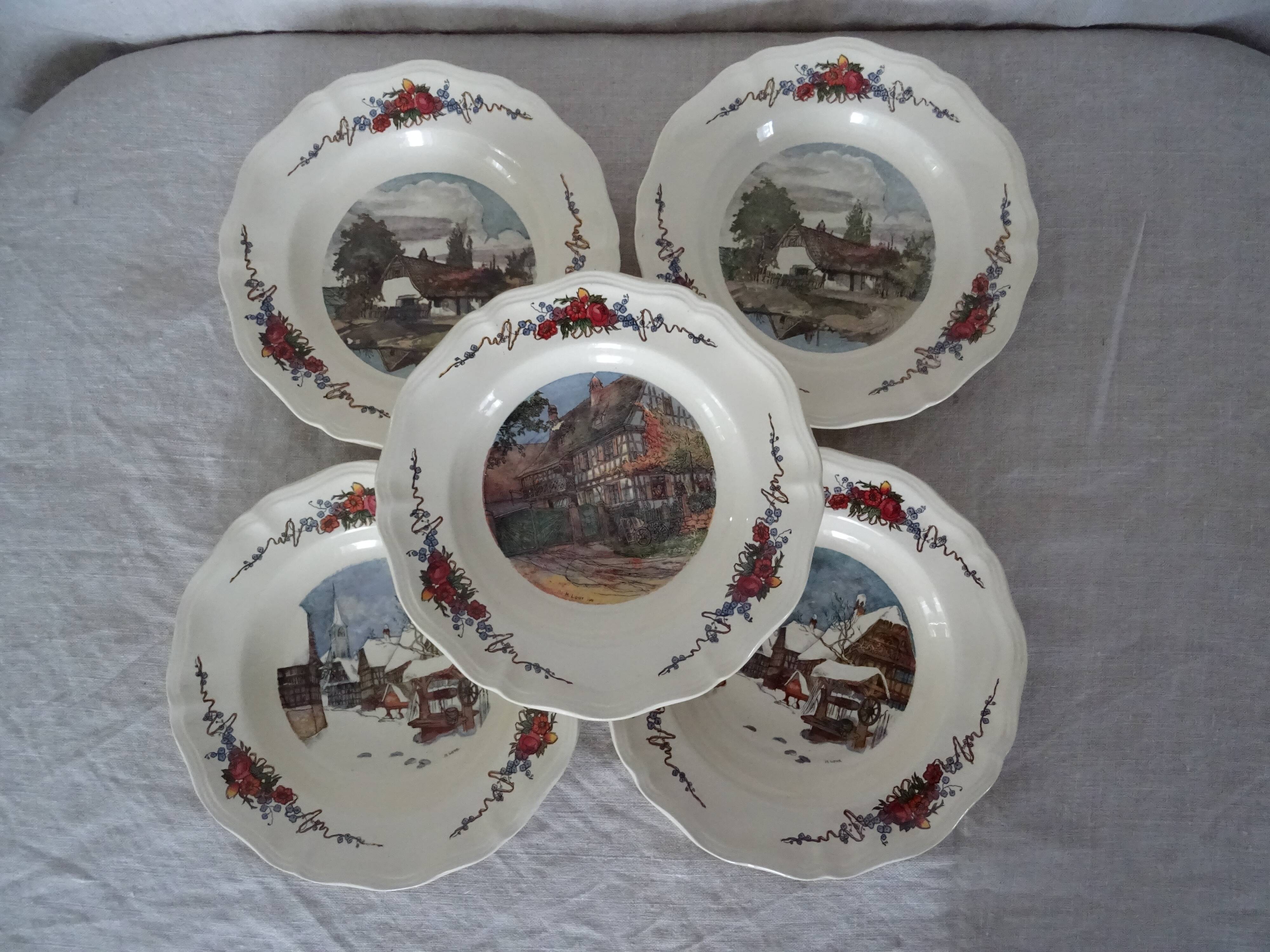 5 hollow plates H.Loux Sarreguemines Obernai